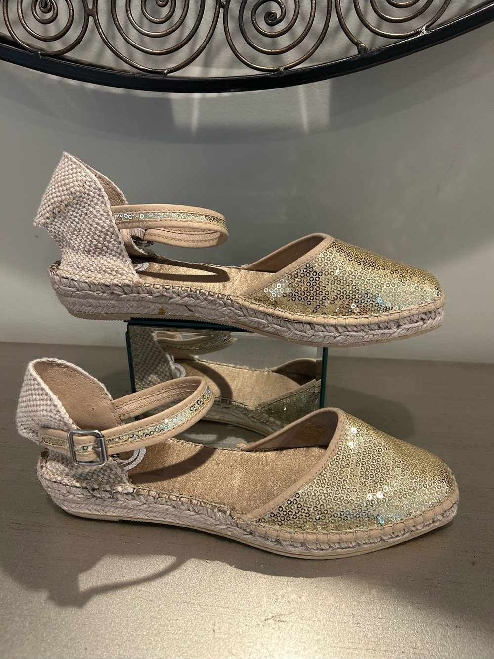 Sequin Gold Espadrille Ankle-Strap Flats